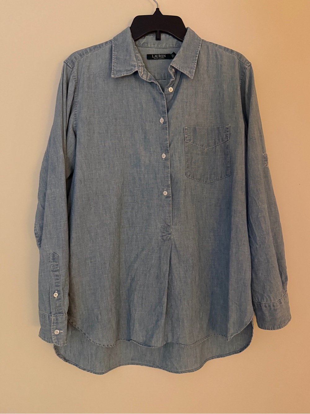 Lauren Ralph Lauren women Chambray Denim Pullover Utility Shirt light Blue SizeL
